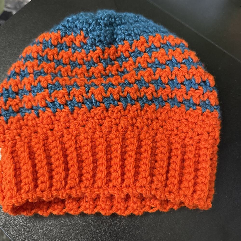 Crochet Beanie Hat, Orange And Blue, One Size